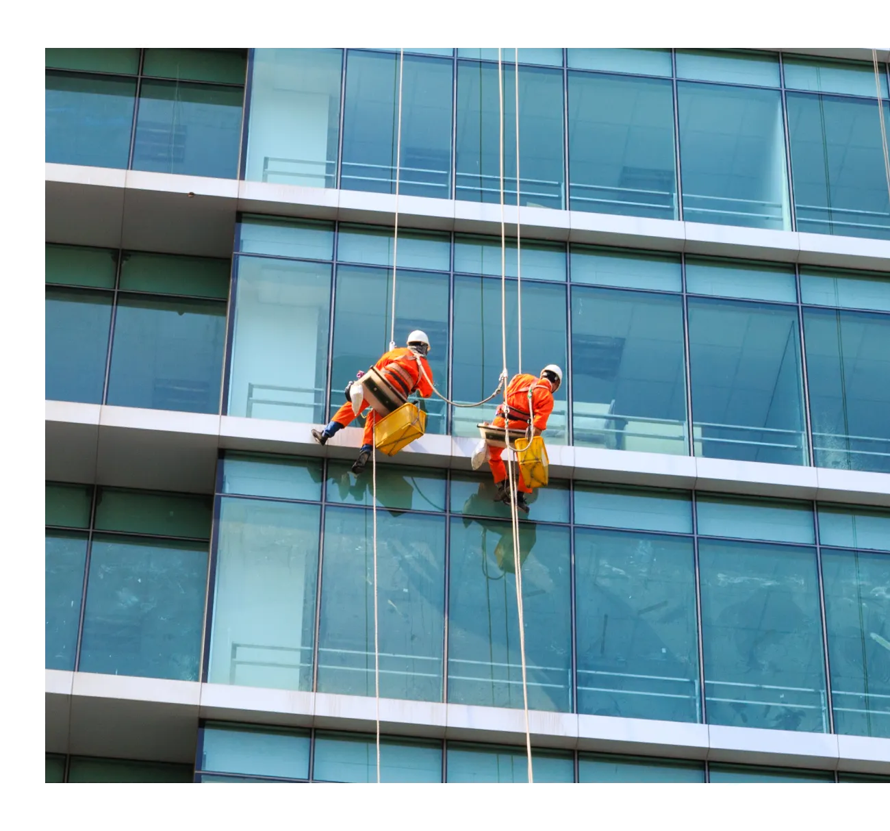 Two workers in orange uniforms and helmets perform commercial cleaning as they meticulously clean the glass windows of a multi-story building, suspended by ropes and harnesses.