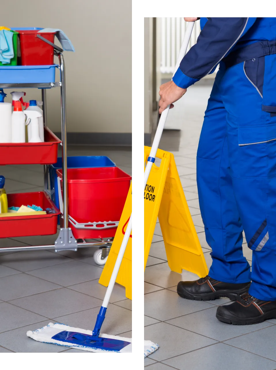 A person mops a tiled floor with a caution sign nearby, embodying standard commercial cleaning practices; in the background, a well-stocked cleaning cart stands ready.