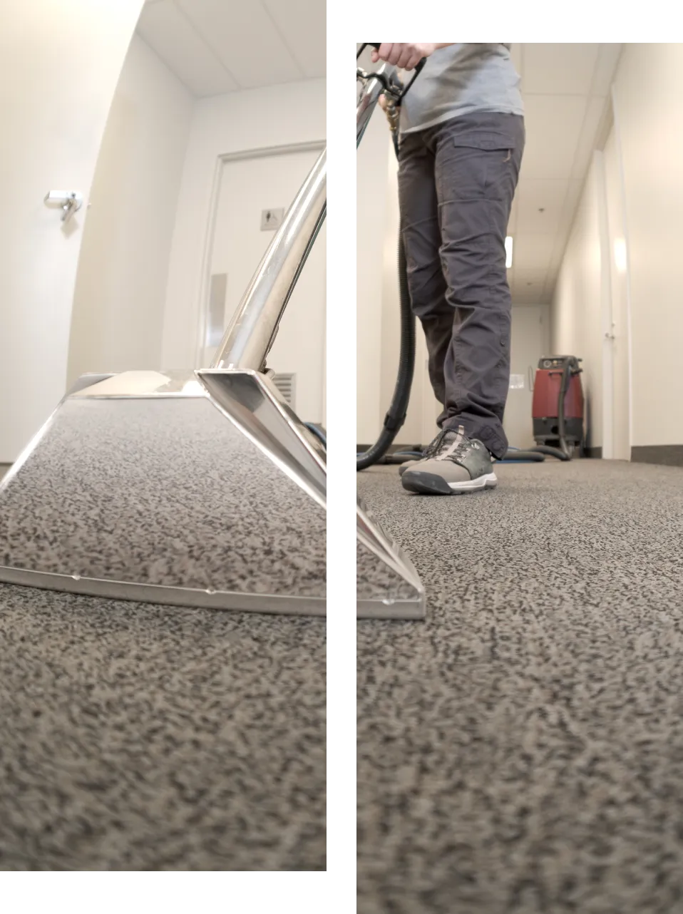 A person is meticulously cleaning a carpeted hallway using a carpet cleaning machine, showcasing the efficiency of commercial cleaning techniques.