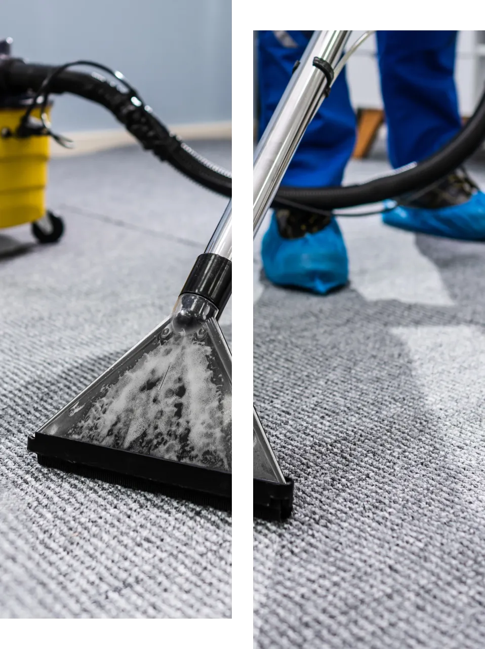 A vacuum cleaner glides across the gray carpet, expertly operated by a person in blue pants and shoe covers, showcasing the meticulous attention to detail typical of professional janitorial services.