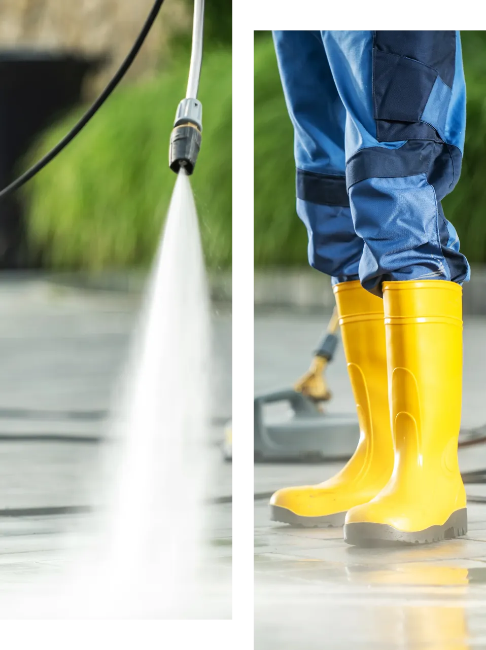 A person wearing yellow boots and blue pants operates a high-pressure water nozzle, showcasing the efficiency of janitorial services in maintaining clean surfaces.